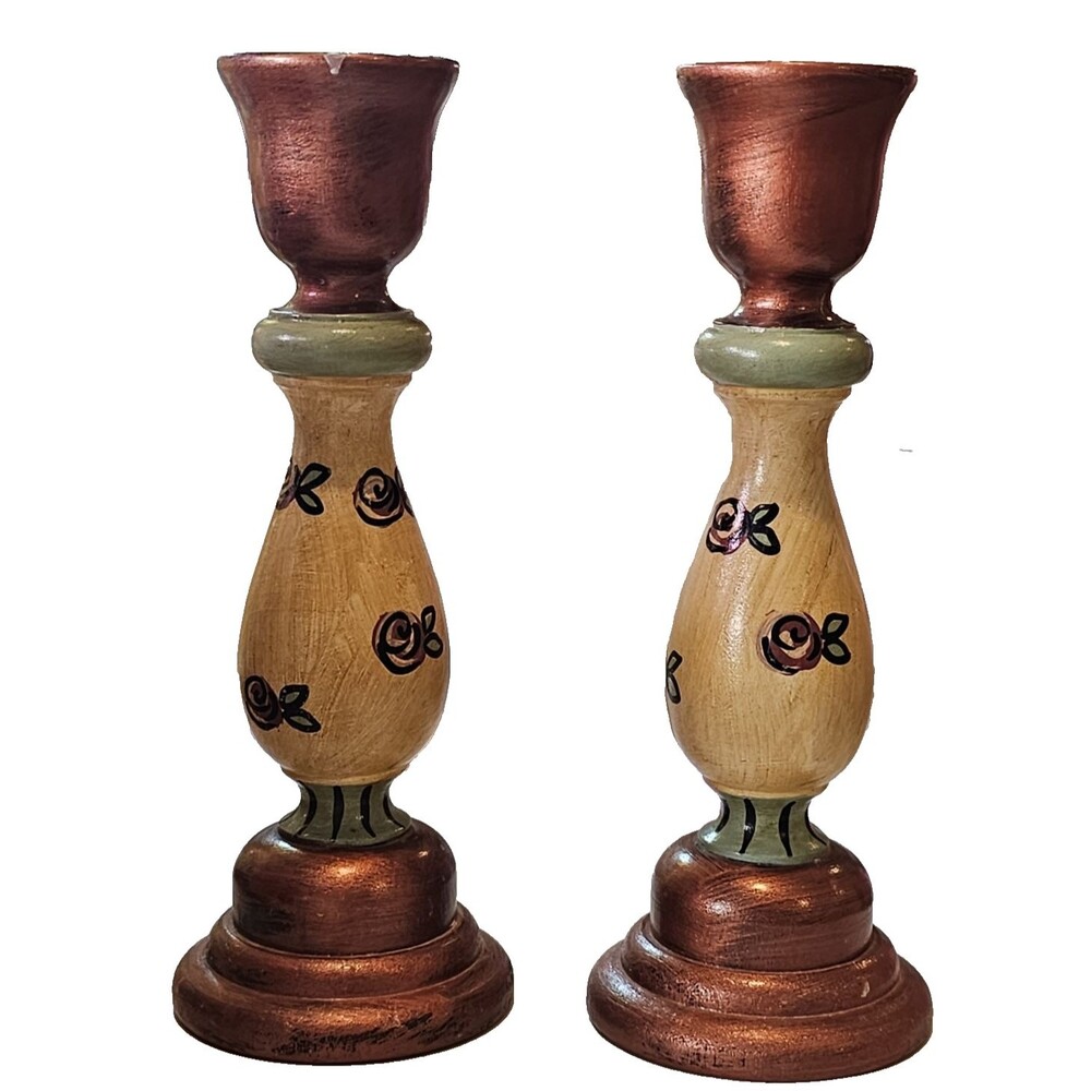 Anita Rosenberg Hand Painted Wooden Candle Holders Signed by Artist/Author 1997